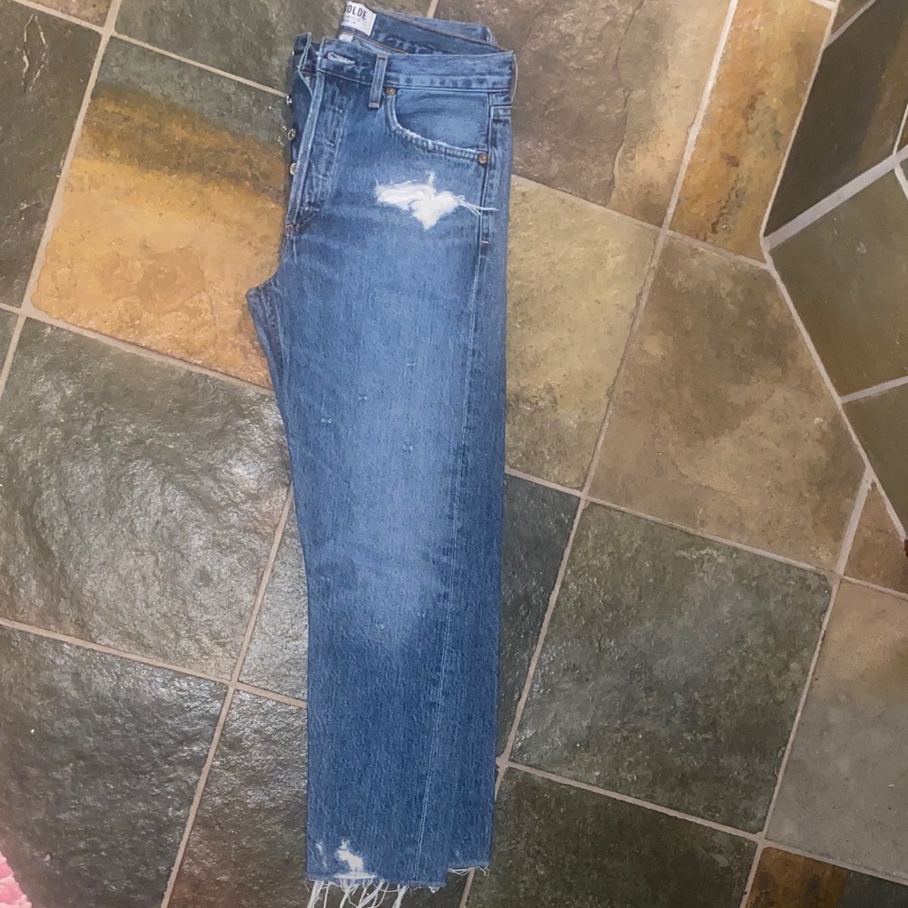 Agolde Distressed Blue Straight Leg Jeans